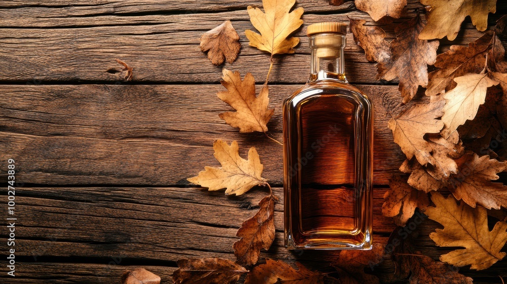 Poster A close-up of a whiskey bottle surrounded by autumn leaves on a rustic wooden table in a cozy setting. Generative AI