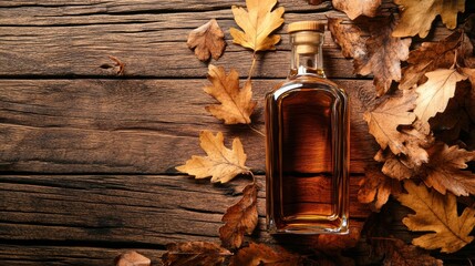 A close-up of a whiskey bottle surrounded by autumn leaves on a rustic wooden table in a cozy setting. Generative AI