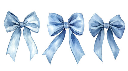 set of Trendy Blue Coquette ribbon bow Watercolor hand painting soft pastel.