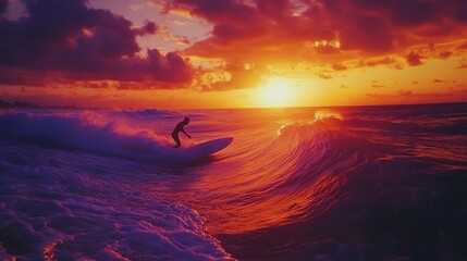 Silhouette of a surfer riding a wave at sunset with a vibrant orange and purple sky.