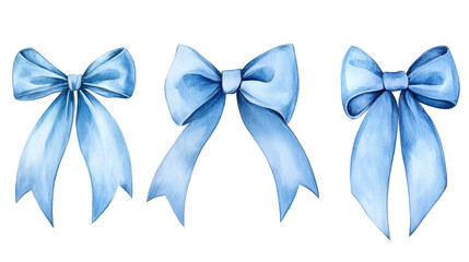 set of Trendy Blue Coquette ribbon bow Watercolor hand painting soft pastel.