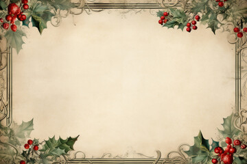 Christmas card with pine tree frame, holly berry decoration, and winter wreath ornament, Generated By Ai
