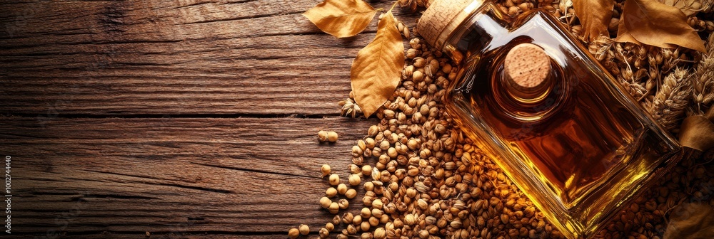 Poster a detailed close-up of a whiskey bottle on a rustic wooden table surrounded by dried leaves and cori