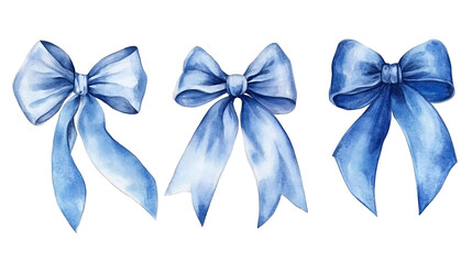 set of Trendy Blue Coquette ribbon bow Watercolor hand painting soft pastel.