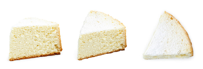 Delicious vanilla sponge cake isolated on white, collage