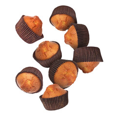 Delicious muffins in air on white background