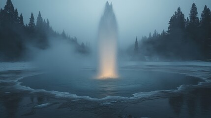 Geyser Erupting in Misty Forest
