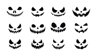 Set of Halloween scary pumpkins face. ghost smile spooky jack evil smile mouth eyes scary silhouette.  Scary carved Halloween face, cartoon horror icon ingenious vector illustration.