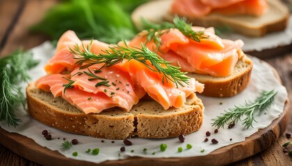 Fresh homemade smoked salmon pate on brown bread toast with dill
