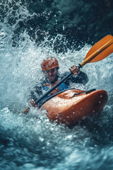 Fototapeta premium A kayaker rafting struggling with water splashes in boat in rapid river in mountain
