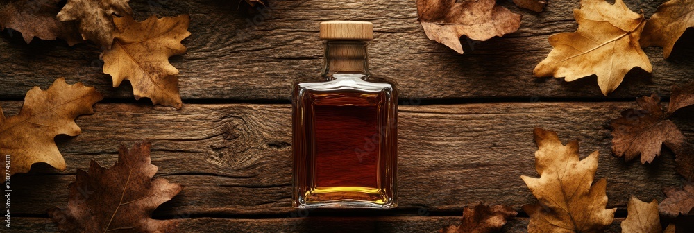 Aufkleber A close-up view of a whiskey bottle on rustic wood with autumn leaves creating a warm, inviting atmosphere. Generative AI