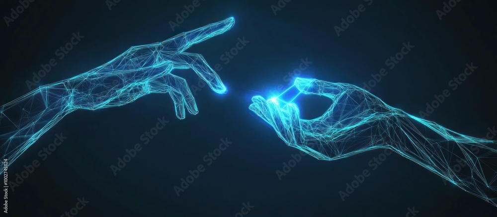 Poster digital hands reaching towards a light source
