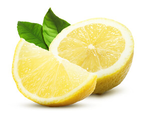 Fresh juicy lemon and green leaves isolated on white