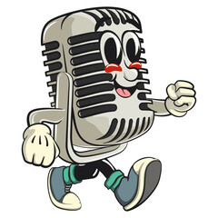 Fototapeta premium vintage microphone cartoon character mascot retro vector design walking, work of hand drawn
