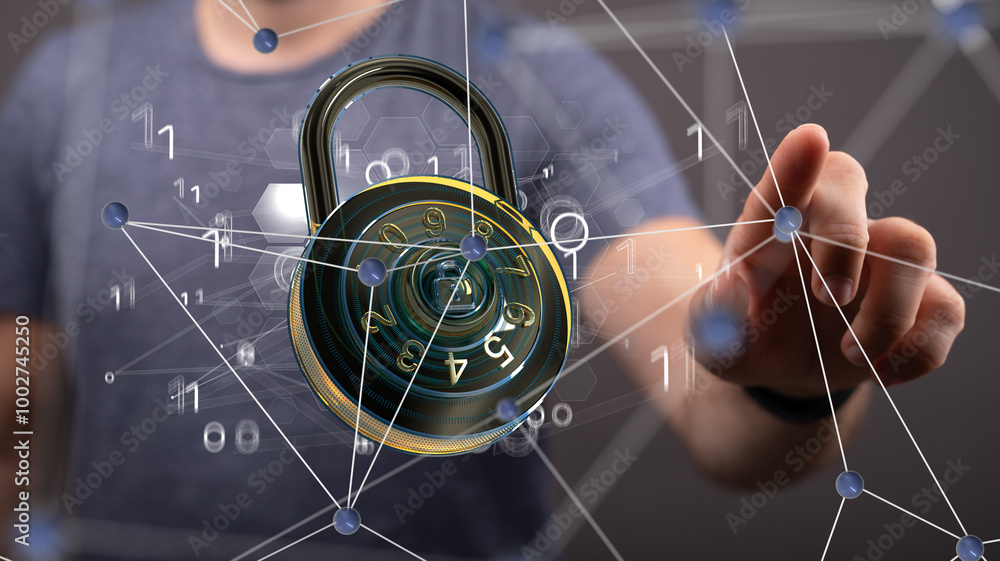 Poster Security Shield concept, data protection. Shield with dots and lines connectio