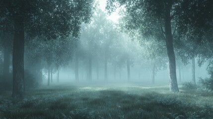 Fototapeta premium A misty forest at dawn, with light filtering through the trees and mist lingering in the air