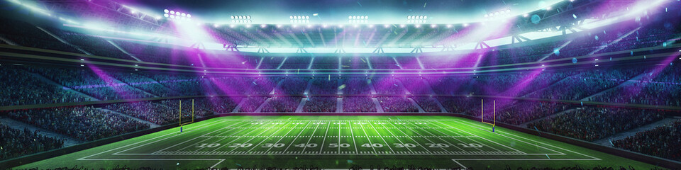 3D render of American football stadium with brightly lit purple lights, empty football field with yard lines and goalpost. Evening match. Concept of sport, tournament, championship, game, event