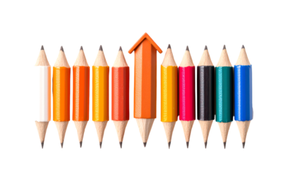 Row of colorful pencils with an orange arrow pointing upwards in the center isolate on transparent background, png, cutout