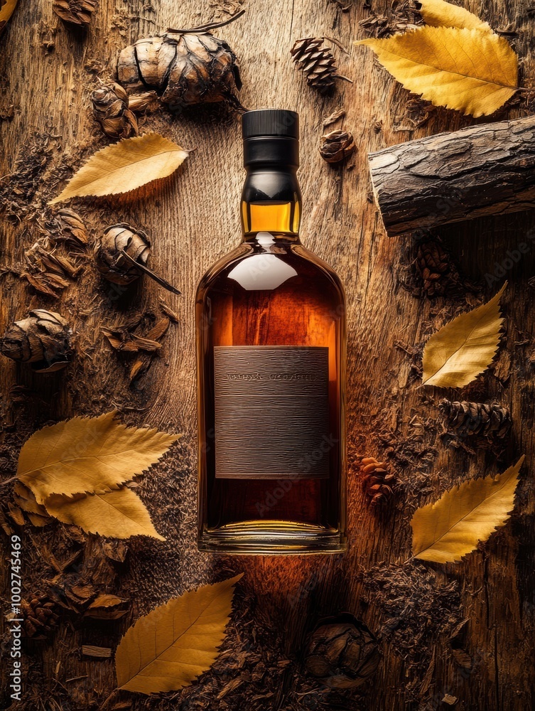 Poster a close-up view of an amber whiskey bottle surrounded by autumn leaves and pine cones on a rustic wo