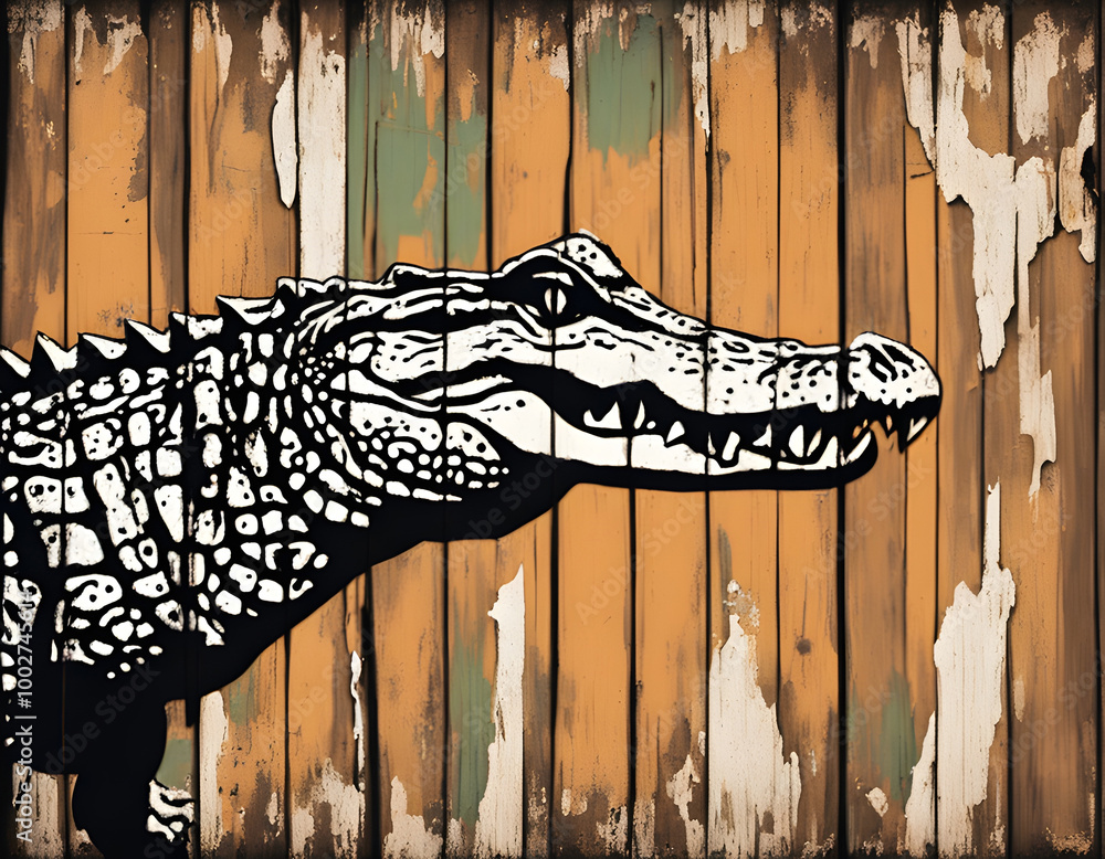 Wall mural vintage nature wood and silhouette crocodile background with peeling paint