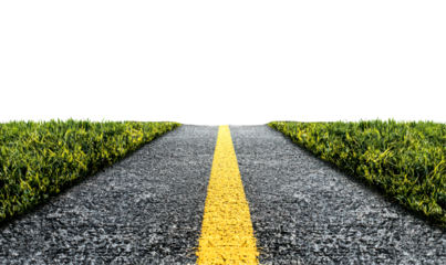 Straight asphalt road with a yellow line running through lush green grass isolate on transparent background, png, cutout