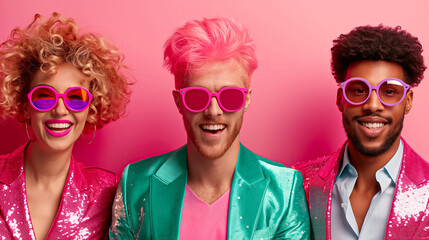 Obraz premium Four enthusiastic individuals, two men and two women, express their creativity through stylish, colorful outfits and playful accessories in a lively atmosphere