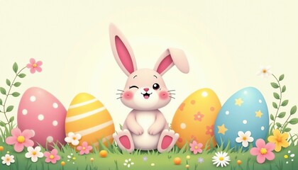 Obraz premium Cartoon illustration of a cute bunny with colorful Easter eggs, bright pastel colors, and a cheerful design