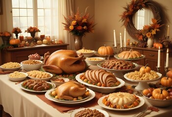 Naklejka premium A Thanksgiving feast with a roasted turkey