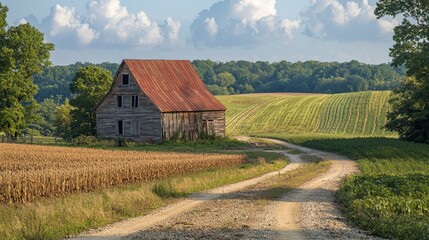 Obraz premium Abandoned barn in a rural landscape surrounded by fields