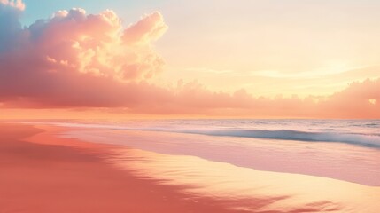 A pristine beach at dusk, the sky painted in vibrant shades of orange and pink