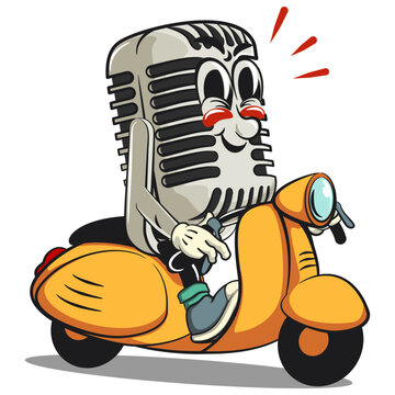 vintage microphone cartoon character mascot retro vector design riding a scooter, work of hand drawn