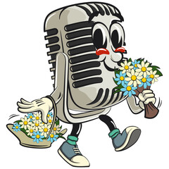 vintage microphone cartoon character mascot retro vector design as florist with desy flowers, work of hand drawn