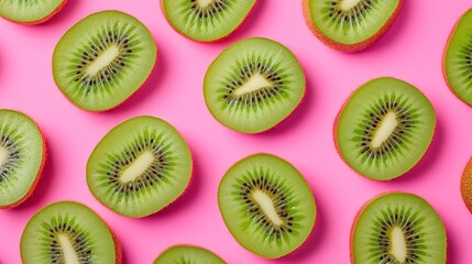 Fototapeta premium Vibrant Kiwi Fruit Slices on Textured Pink Background