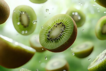 whole and sliced kiwis seemingly floating in mid-air against a pastel background, creating a whimsical, colorful scene.