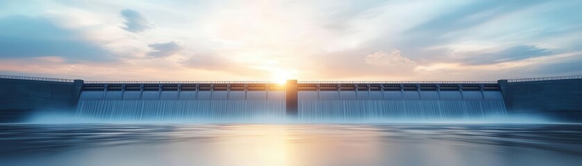 Obraz premium A stunning sunrise over a dam, with flowing water reflecting the vibrant colors of the sky.