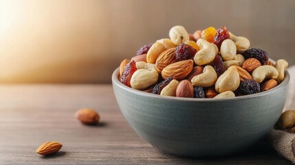Bowl of mixed nuts and dried fruits on wooden table