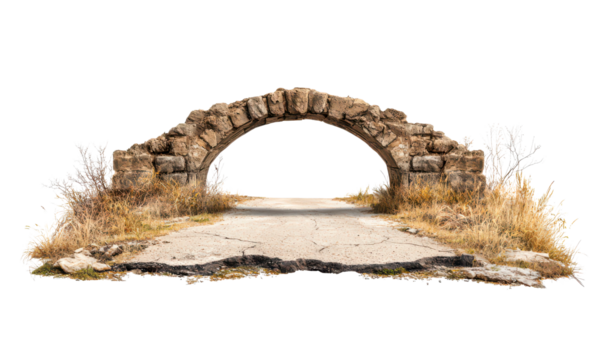 Ancient stone archway stands proudly amidst dry grass and cracked pavement isolate on transparent background, png, cutout - Powered by Adobe