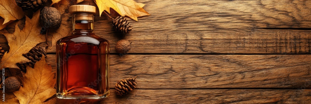 Aufkleber a close-up view of a whiskey bottle surrounded by autumn leaves and pinecones on a rustic wooden sur
