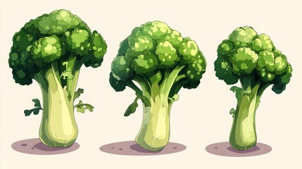 Three cartoon broccoli florets with stems on a white background.