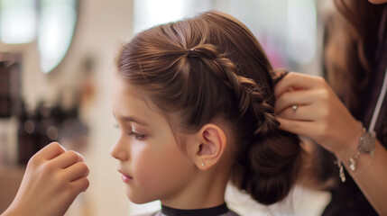 Fototapeta premium Hairdresser making a hair style to a beautiful young girl brunette in a beauty salon. A young girl model is going to a photo shoot. creating an image for a girl before taking a photo.
