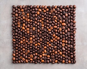 Square arrangement of roasted coffee beans on a light background