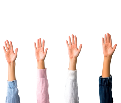 Four hands raised in the air isolate on transparent background, png, cutout