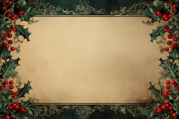 Christmas card with holly border and pine branch wreath, perfect for holiday celebrations ,Generated By Ai