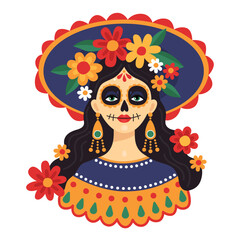 Mexican Day of the dead, Dia de los muertos. Portrait of a woman wearing a sombrero and festive sugar skull makeup. Calavera style. Catarina. Vector illustration. 
