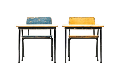 Two vintage school desks with colorful tops isolate on transparent background, png, cutout