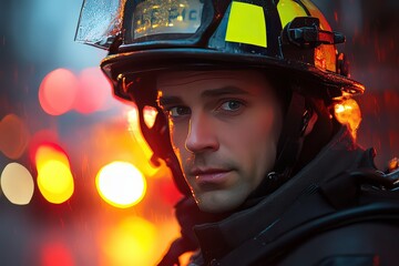 firefighter in full gear looks intently into the camera with blurred city lights behind him. The scene captures his bravery and focus in the face of danger.