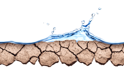 Water splashing on cracked dry earth isolate on transparent background, png, cutout