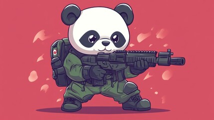 Cute panda soldier holding a rifle and wearing a backpack.