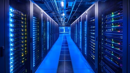 Futuristic Data Center with Rows of Servers and Glowing Blue Lights