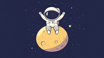 A cartoon astronaut sits on a moon in a starry night sky with his arms raised in the air.